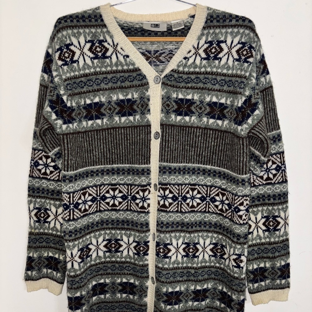 VTG wool BP Blue White Fair Isle Button Up Cardigan Nordic Cottagecore men small